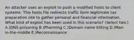 An attacker uses an exploit to push a modified hosts to client systems. This hosts file redirects traffic form legitimate tax preparation site to gather personal and financial information. What kind of exploit has been used in this scenario? (Select two.) A.)DNS poisoning B.)Pharming C.)Domain name kitting D.)Man-in-the-middle E.)Reconnaissance