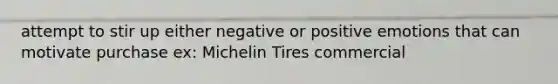 attempt to stir up either negative or positive emotions that can motivate purchase ex: Michelin Tires commercial