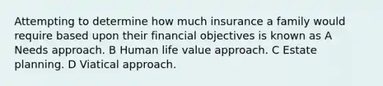 Attempting to determine how much insurance a family would require based upon their financial objectives is known as A Needs approach. B Human life value approach. C Estate planning. D Viatical approach.