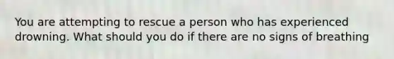 You are attempting to rescue a person who has experienced drowning. What should you do if there are no signs of breathing
