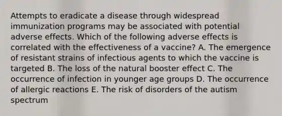 Attempts to eradicate a disease through widespread immunization programs may be associated with potential adverse effects. Which of the following adverse effects is correlated with the effectiveness of a vaccine? A. The emergence of resistant strains of infectious agents to which the vaccine is targeted B. The loss of the natural booster effect C. The occurrence of infection in younger age groups D. The occurrence of allergic reactions E. The risk of disorders of the autism spectrum