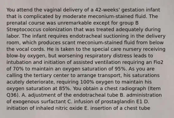 You attend the vaginal delivery of a 42-weeks' gestation infant that is complicated by moderate meconium-stained fluid. The prenatal course was unremarkable except for group B Streptococcus colonization that was treated adequately during labor. The infant requires endotracheal suctioning in the delivery room, which produces scant meconium-stained fluid from below the vocal cords. He is taken to the special care nursery receiving blow-by oxygen, but worsening respiratory distress leads to intubation and initiation of assisted ventilation requiring an Fio2 of 70% to maintain an oxygen saturation of 95%. As you are calling the tertiary center to arrange transport, his saturations acutely deteriorate, requiring 100% oxygen to maintain his oxygen saturation at 85%. You obtain a chest radiograph (Item Q36). A. adjustment of the endotracheal tube B. administration of exogenous surfactant C. infusion of prostaglandin E1 D. initiation of inhaled nitric oxide E. insertion of a chest tube