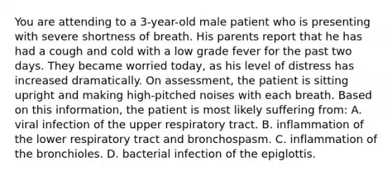 You are attending to a 3-year-old male patient who is presenting with severe shortness of breath. His parents report that he has had a cough and cold with a low grade fever for the past two days. They became worried today, as his level of distress has increased dramatically. On assessment, the patient is sitting upright and making high-pitched noises with each breath. Based on this information, the patient is most likely suffering from: A. viral infection of the upper respiratory tract. B. inflammation of the lower respiratory tract and bronchospasm. C. inflammation of the bronchioles. D. bacterial infection of the epiglottis.