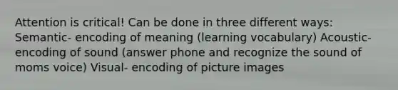 Attention is critical! Can be done in three different ways: Semantic- encoding of meaning (learning vocabulary) Acoustic- encoding of sound (answer phone and recognize the sound of moms voice) Visual- encoding of picture images