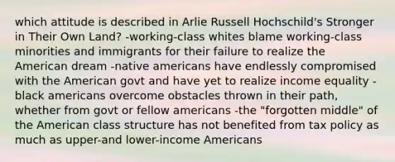 which attitude is described in Arlie Russell Hochschild's Stronger in Their Own Land? -working-class whites blame working-class minorities and immigrants for their failure to realize the American dream -native americans have endlessly compromised with the American govt and have yet to realize income equality -black americans overcome obstacles thrown in their path, whether from govt or fellow americans -the "forgotten middle" of the American class structure has not benefited from tax policy as much as upper-and lower-income Americans