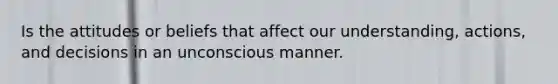 Is the attitudes or beliefs that affect our understanding, actions, and decisions in an unconscious manner.