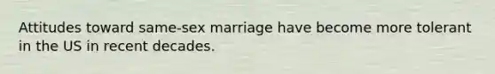 Attitudes toward same-sex marriage have become more tolerant in the US in recent decades.