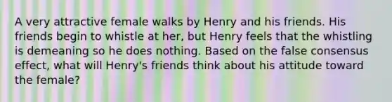 A very attractive female walks by Henry and his friends. His friends begin to whistle at her, but Henry feels that the whistling is demeaning so he does nothing. Based on the false consensus effect, what will Henry's friends think about his attitude toward the female?