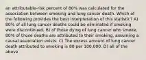 an attributable-risk percent of 80% was calculated for the association between smoking and lung cancer death. Which of the following provides the best interpretation of this statistic? A) 80% of all lung cancer deaths could be eliminated if smoking were discontinued. B) of those dying of lung cancer who smoke, 80% of those deaths are attributed to their smoking, assuming a causal association exists. C) The excess amount of lung cancer death attributed to smoking is 80 per 100,000. D) all of the above