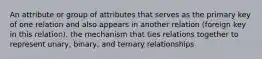 An attribute or group of attributes that serves as the primary key of one relation and also appears in another relation (foreign key in this relation). the mechanism that ties relations together to represent unary, binary, and ternary relationships