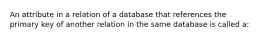 An attribute in a relation of a database that references the primary key of another relation in the same database is called a: