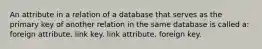 An attribute in a relation of a database that serves as the primary key of another relation in the same database is called a: foreign attribute. link key. link attribute. foreign key.