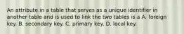 An attribute in a table that serves as a unique identifier in another table and is used to link the two tables is a A. foreign key. B. secondary key. C. primary key. D. local key.