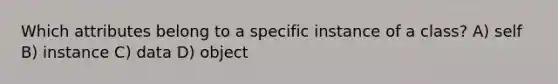 Which attributes belong to a specific instance of a class? A) self B) instance C) data D) object