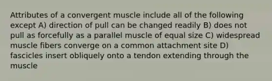 Attributes of a convergent muscle include all of the following except A) direction of pull can be changed readily B) does not pull as forcefully as a parallel muscle of equal size C) widespread muscle fibers converge on a common attachment site D) fascicles insert obliquely onto a tendon extending through the muscle