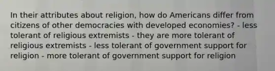 In their attributes about religion, how do Americans differ from citizens of other democracies with developed economies? - less tolerant of religious extremists - they are more tolerant of religious extremists - less tolerant of government support for religion - more tolerant of government support for religion