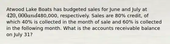 Atwood Lake Boats has budgeted sales for June and July at 420,000 and480,000, respectively. Sales are 80% credit, of which 40% is collected in the month of sale and 60% is collected in the following month. What is the accounts receivable balance on July 31?