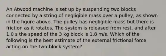 An Atwood machine is set up by suspending two blocks connected by a string of negligible mass over a pulley, as shown in the figure above. The pulley has negligible mass but there is friction as it rotates. The system is released from rest, and after 1.0 s the speed of the 3 kg block is 1.8 m/s. Which of the following is the best estimate of the external frictional force acting on the two-block system?