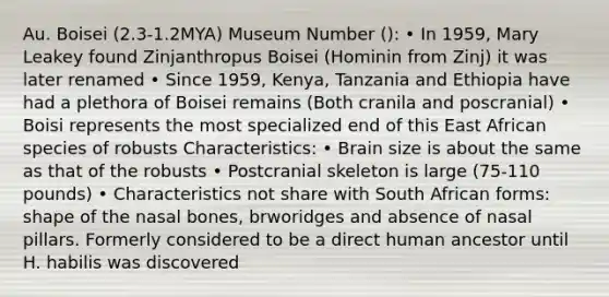 Au. Boisei (2.3-1.2MYA) Museum Number (): • In 1959, Mary Leakey found Zinjanthropus Boisei (Hominin from Zinj) it was later renamed • Since 1959, Kenya, Tanzania and Ethiopia have had a plethora of Boisei remains (Both cranila and poscranial) • Boisi represents the most specialized end of this East African species of robusts Characteristics: • Brain size is about the same as that of the robusts • Postcranial skeleton is large (75-110 pounds) • Characteristics not share with South African forms: shape of the nasal bones, brworidges and absence of nasal pillars. Formerly considered to be a direct human ancestor until H. habilis was discovered