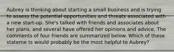 Aubrey is thinking about starting a small business and is trying to assess the potential opportunities and threats associated with a new start-up. She's talked with friends and associates about her plans, and several have offered her opinions and advice. The comments of four friends are summarized below. Which of these stateme ts would probably be the most helpful to Aubrey?