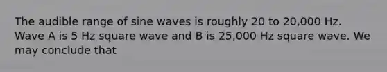 The audible range of sine waves is roughly 20 to 20,000 Hz. Wave A is 5 Hz square wave and B is 25,000 Hz square wave. We may conclude that