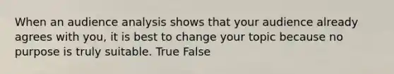 When an audience analysis shows that your audience already agrees with you, it is best to change your topic because no purpose is truly suitable. True False