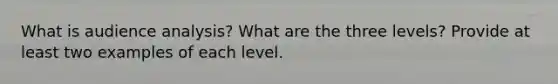 What is audience analysis? What are the three levels? Provide at least two examples of each level.