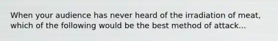 When your audience has never heard of the irradiation of meat, which of the following would be the best method of attack...