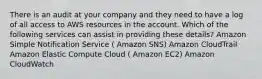 There is an audit at your company and they need to have a log of all access to AWS resources in the account. Which of the following services can assist in providing these details? Amazon Simple Notification Service ( Amazon SNS) Amazon CloudTrail Amazon Elastic Compute Cloud ( Amazon EC2) Amazon CloudWatch