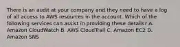 There is an audit at your company and they need to have a log of all access to AWS resources in the account. Which of the following services can assist in providing these details? A. Amazon CloudWatch B. AWS CloudTrail C. Amazon EC2 D. Amazon SNS