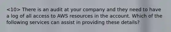 There is an audit at your company and they need to have a log of all access to AWS resources in the account. Which of the following services can assist in providing these details?