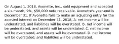 On August​ 1, 2018​, Avonette​, ​Inc., sold equipment and accepted a​ six-month, 9​%, 50,000 note receivable. Avonette​'s ​year-end is December 31. If Avonette fails to make an adjusting entry for the accrued interest on December​ 31, 2018​, A. net income will be understated, and liabilities will be overstated. B. net income will be understated, and assets will be understated. C. net income will be overstated, and assets will be overstated. D. net income will be overstated, and liabilities will be understated.