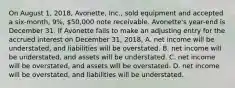 On August 1, 2018, Avonette, Inc., sold equipment and accepted a six-month, 9%, 50,000 note receivable. Avonette's year-end is December 31. If Avonette fails to make an adjusting entry for the accrued interest on December 31, 2018, A. net income will be understated, and liabilities will be overstated. B. net income will be understated, and assets will be understated. C. net income will be overstated, and assets will be overstated. D. net income will be overstated, and liabilities will be understated.