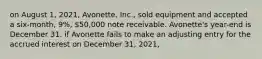 on August 1, 2021, Avonette, Inc., sold equipment and accepted a six-month, 9%, 50,000 note receivable. Avonette's year-end is December 31. if Avonette fails to make an adjusting entry for the accrued interest on December 31, 2021,