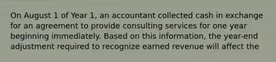 On August 1 of Year 1, an accountant collected cash in exchange for an agreement to provide consulting services for one year beginning immediately. Based on this information, the year-end adjustment required to recognize earned revenue will affect the