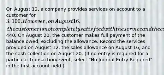 On August 12, a company provides services on account to a customer for 3,100. However, on August 16, the customer is not completely satisfied with the service and the company grants an allowance on the amount owed of440. On August 20, the customer makes full payment of the balance owed, excluding the allowance. Record the services provided on August 12, the sales allowance on August 16, and the cash collection on August 20. (If no entry is required for a particular transaction/event, select "No Journal Entry Required" in the first account field.)