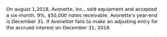 On august 1,2018, Avonette, Inc., sold equipment and accepted a six-month, 9%, 50,000 notes receivable. Avonette's year-end is December 31. If Avonetter fails to make an adjusting entry for the accrued interest on December 31, 2018