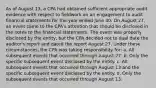 As of August 13, a CPA had obtained sufficient appropriate audit evidence with respect to fieldwork on an engagement to audit financial statements for the year ended June 30. On August 27, an event came to the CPA's attention that should be disclosed in the notes to the financial statements. The event was properly disclosed by the entity, but the CPA decided not to dual date the auditor's report and dated the report August 27. Under these circumstances, the CPA was taking responsibility for: a. All subsequent events that occurred through August 27. b. Only the specific subsequent event disclosed by the entity. c. All subsequent events that occurred through August 13 and the specific subsequent event disclosed by the entity. d. Only the subsequent events that occurred through August 13.