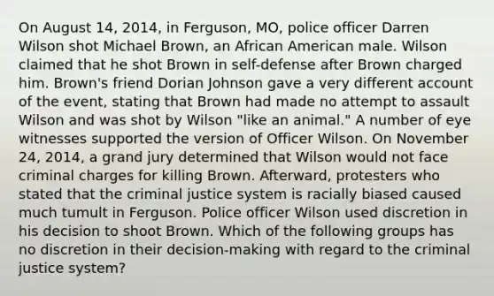 On August 14, 2014, in Ferguson, MO, police officer Darren Wilson shot Michael Brown, an African American male. Wilson claimed that he shot Brown in self-defense after Brown charged him. Brown's friend Dorian Johnson gave a very different account of the event, stating that Brown had made no attempt to assault Wilson and was shot by Wilson "like an animal." A number of eye witnesses supported the version of Officer Wilson. On November 24, 2014, a grand jury determined that Wilson would not face criminal charges for killing Brown. Afterward, protesters who stated that the criminal justice system is racially biased caused much tumult in Ferguson. Police officer Wilson used discretion in his decision to shoot Brown. Which of the following groups has no discretion in their decision-making with regard to the criminal justice system?