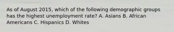 As of August​ 2015, which of the following demographic groups has the highest unemployment​ rate? A. Asians B. <a href='https://www.questionai.com/knowledge/kktT1tbvGH-african-americans' class='anchor-knowledge'>african americans</a> C. Hispanics D. Whites