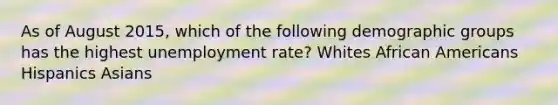 As of August​ 2015, which of the following demographic groups has the highest unemployment​ rate? Whites <a href='https://www.questionai.com/knowledge/kktT1tbvGH-african-americans' class='anchor-knowledge'>african americans</a> Hispanics Asians