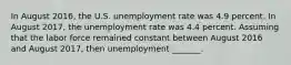 In August 2016​, the U.S. unemployment rate was 4.9 percent. In August 2017​, the unemployment rate was 4.4 percent. Assuming that the labor force remained constant between August 2016 and August 2017​, then unemployment​ _______.