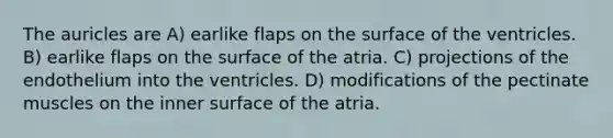 The auricles are A) earlike flaps on the surface of the ventricles. B) earlike flaps on the surface of the atria. C) projections of the endothelium into the ventricles. D) modifications of the pectinate muscles on the inner surface of the atria.