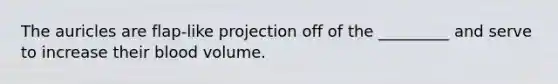 The auricles are flap-like projection off of the _________ and serve to increase their blood volume.