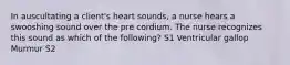 In auscultating a client's heart sounds, a nurse hears a swooshing sound over the pre cordium. The nurse recognizes this sound as which of the following? S1 Ventricular gallop Murmur S2