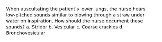 When auscultating the patient's lower lungs, the nurse hears low-pitched sounds similar to blowing through a straw under water on inspiration. How should the nurse document these sounds? a. Stridor b. Vesicular c. Coarse crackles d. Bronchovesicular