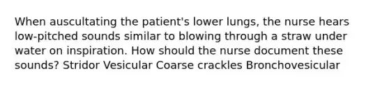 When auscultating the patient's lower lungs, the nurse hears low-pitched sounds similar to blowing through a straw under water on inspiration. How should the nurse document these sounds? Stridor Vesicular Coarse crackles Bronchovesicular