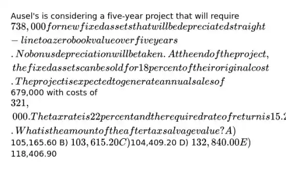 Ausel's is considering a five-year project that will require 738,000 for new fixed assets that will be depreciated straight-line to a zero book value over five years. No bonus depreciation will be taken. At the end of the project, the fixed assets can be sold for 18 percent of their original cost. The project is expected to generate annual sales of679,000 with costs of 321,000. The tax rate is 22 percent and the required rate of return is 15.2 percent. What is the amount of the aftertax salvage value? A)105,165.60 B) 103,615.20 C)104,409.20 D) 132,840.00 E)118,406.90