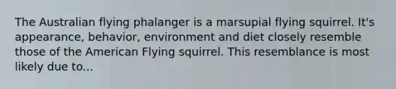 The Australian flying phalanger is a marsupial flying squirrel. It's appearance, behavior, environment and diet closely resemble those of the American Flying squirrel. This resemblance is most likely due to...