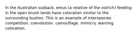 In the Australian outback, emus (a relative of the ostrich) feeding in the open brush lands have coloration similar to the surrounding bushes. This is an example of interspecies competition. coevolution. camouflage. mimicry. warning coloration.